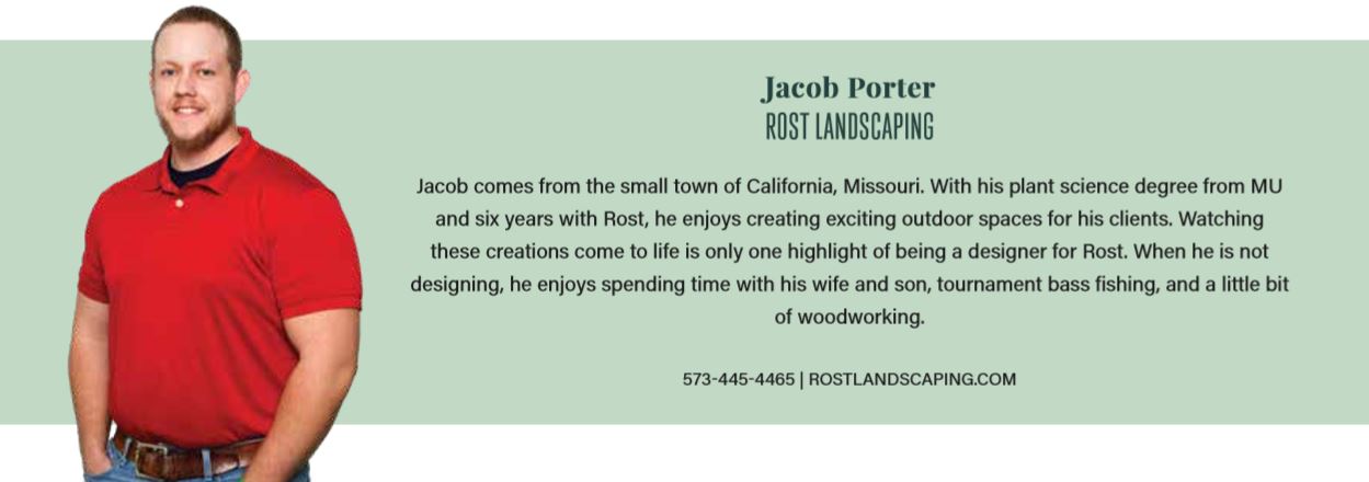 Jacob Porter of Rost Landscaping posing for a picture in a bright red shirt in front of a light green background.