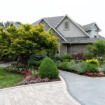 house with a paver walkway with landscaping and large tree