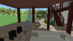 3d rendering of an outdoor kitching with patio and landscaping